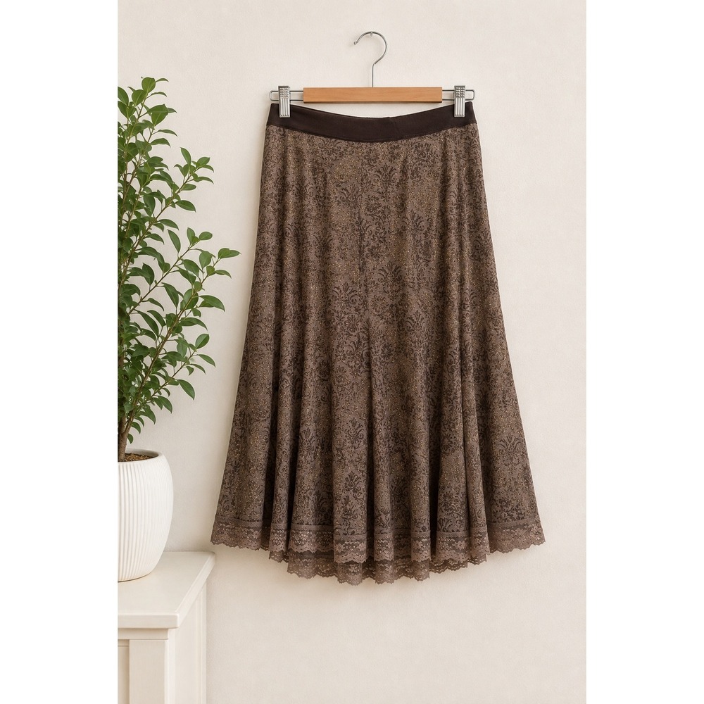 Tribal Brown Abstract A-Line Skirt Gold Fleck Trim Western Ranch Prairie Size L